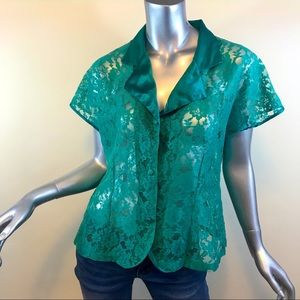Vintage Victoria’s Secret Medium Sheer Lace Top Short Sleeve Green, Gold Label